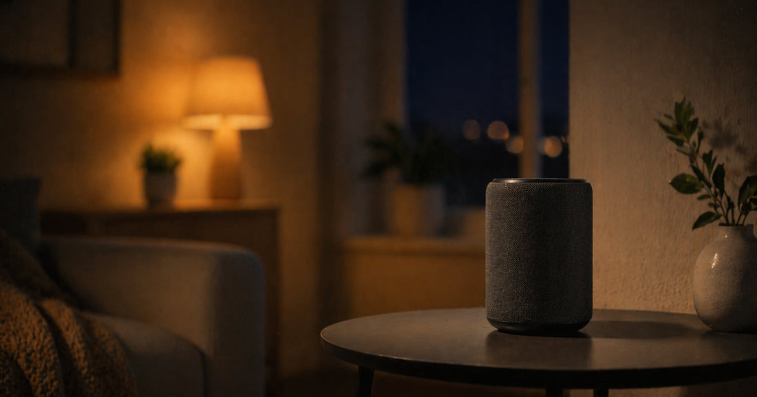 Smarter Lautsprecher neben warm leuchtender Tischlampe im minimalistischen Interieur