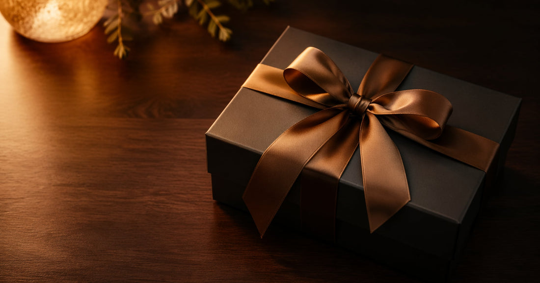 Hochwertig verpacktes Technikgeschenk mit Satinband auf dunklem Holz