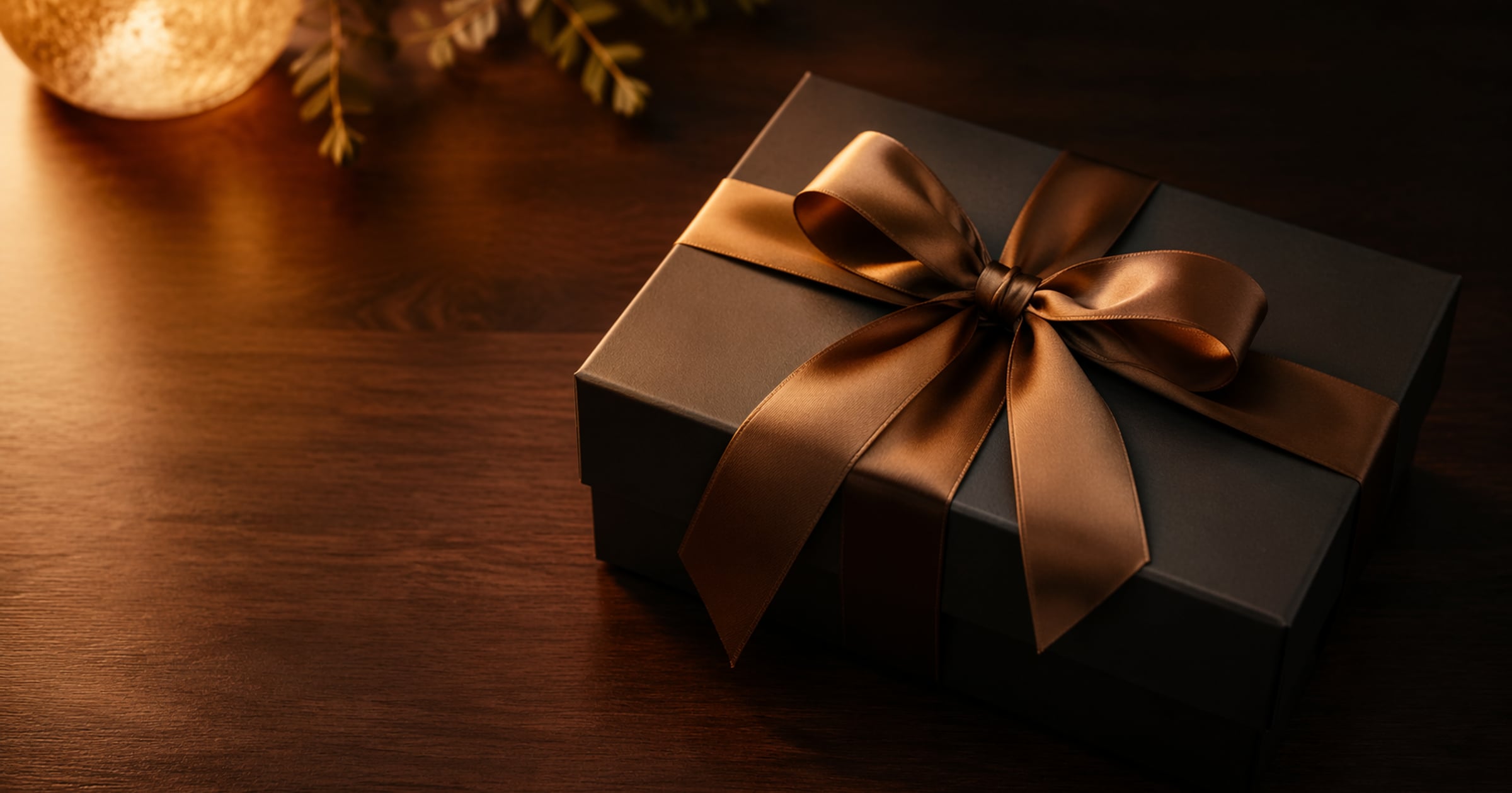 Hochwertig verpacktes Technikgeschenk mit Satinband auf dunklem Holz