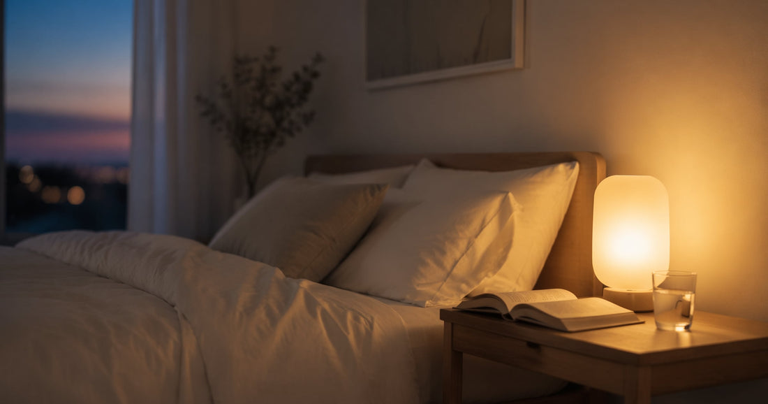 Schlafzimmer in der Abenddämmerung mit warmer Bernstein-Nachttischlampe und offenem Buch