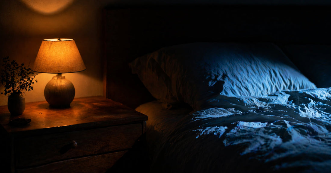 Schlafzimmer bei Nacht — Kontrast zwischen warmer Nachttischlampe und kaltem Bildschirmlicht