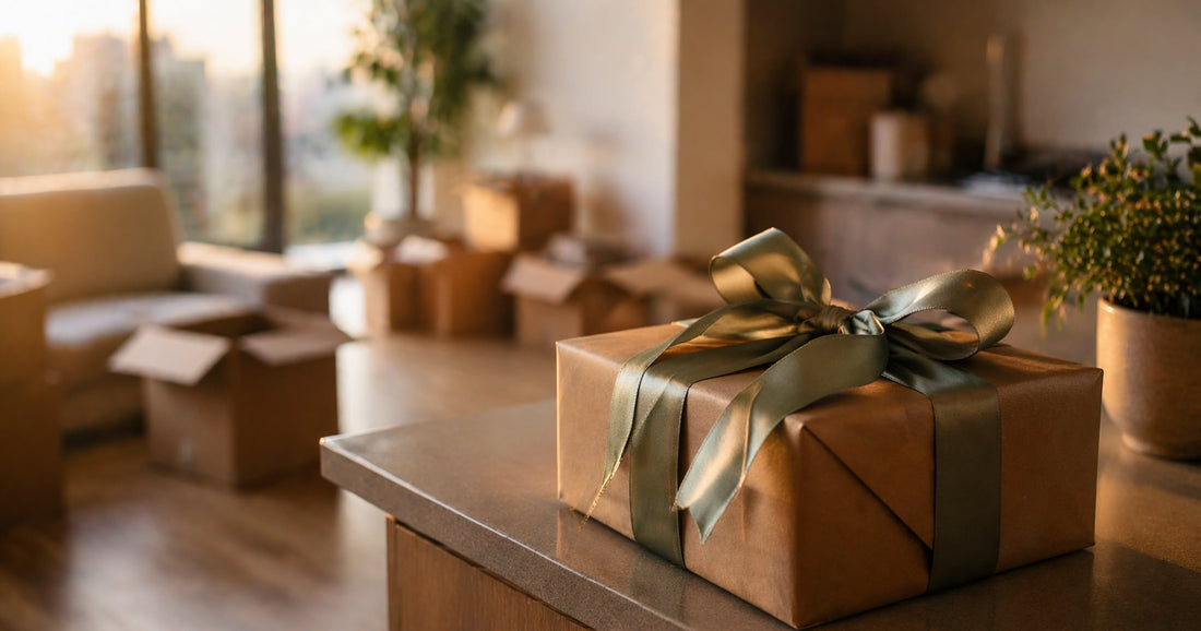 Umzugskartons in neuer Wohnung mit hübsch verpacktem Einzugsgeschenk auf der Küchentheke