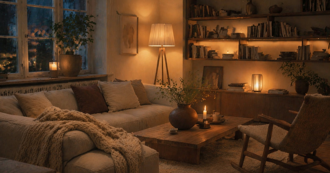 Gemütliches skandinavisches Wohnzimmer am Abend mit mehreren warmen Lichtquellen