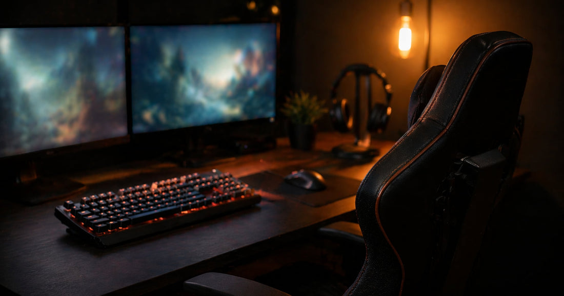 Gaming-Setup mit mechanischer Tastatur, Headset und warmer Akzentbeleuchtung im Hintergrund