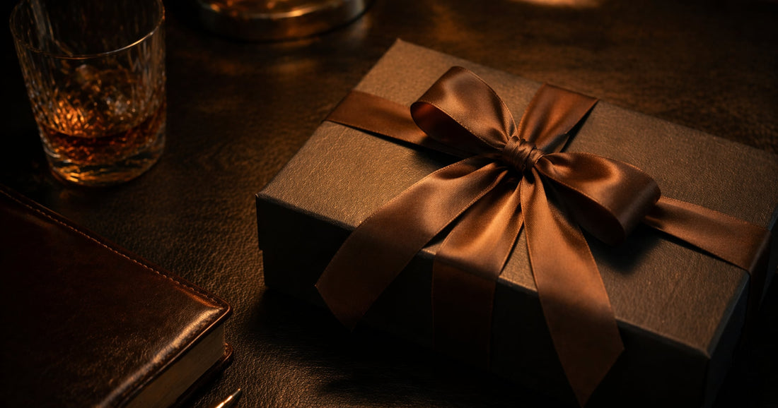 Edles verpacktes Geschenk auf Lederoberfläche mit Whiskyglas — Geschenk für Männer