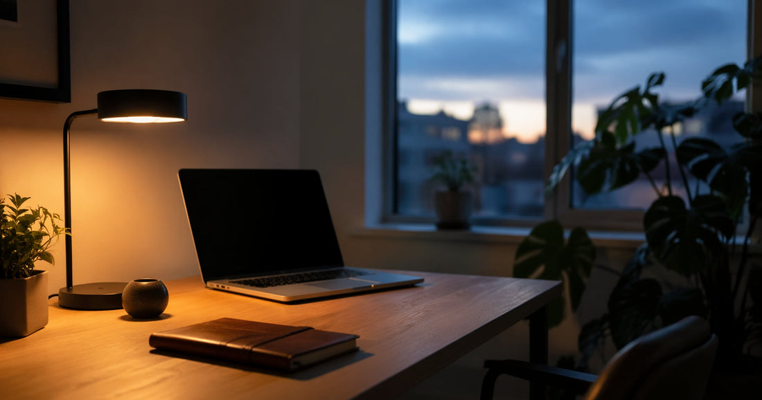 Minimalistisches Home Office am Abend — Schreibtisch mit Laptop und warmer Tischlampe