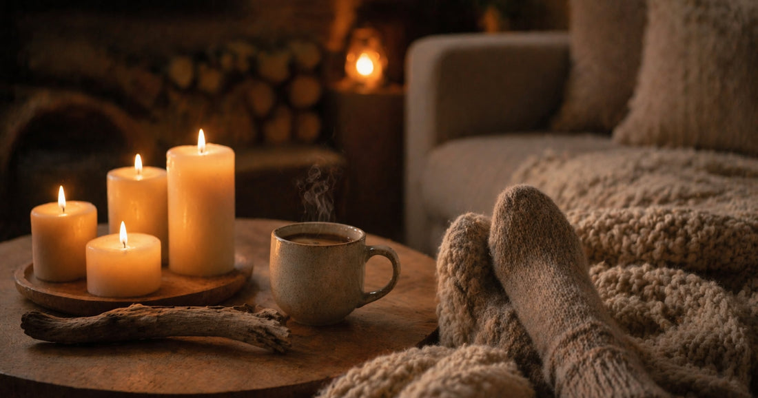 Hygge-Szene mit brennenden Kerzen, Strickdecke, Wollsocken und dampfender Kaffeetasse