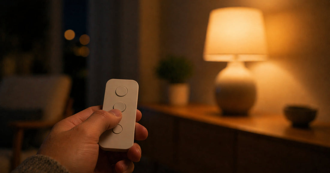 Hand mit Fernbedienung im Vordergrund, warm leuchtende Tischlampe auf Sideboard im Hintergrund