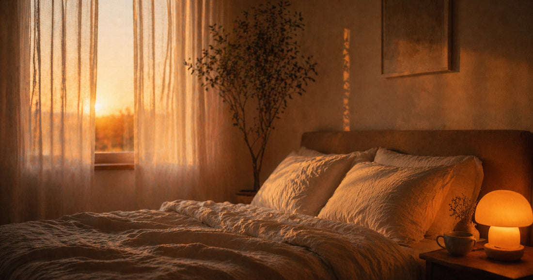 Schlafzimmer bei Sonnenaufgang mit warmem Licht durch Vorhänge und Nachttischlampe
