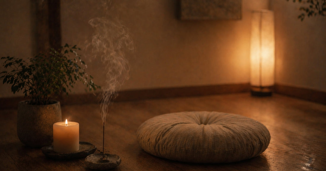 Meditationsecke mit Sitzkissen, Kerze, Pflanze und Räucherstäbchen in warmem Licht