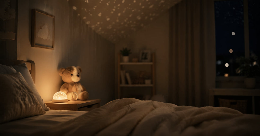 Kinderzimmer bei Nacht mit sanftem Bernstein-Nachtlicht und Kuscheltier