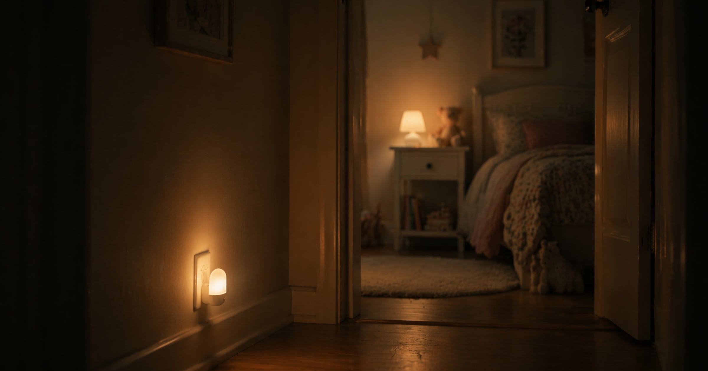 Dämmriges Kinderzimmer mit Steckdosen-Nachtlicht am Boden und Tischlampe im Hintergrund