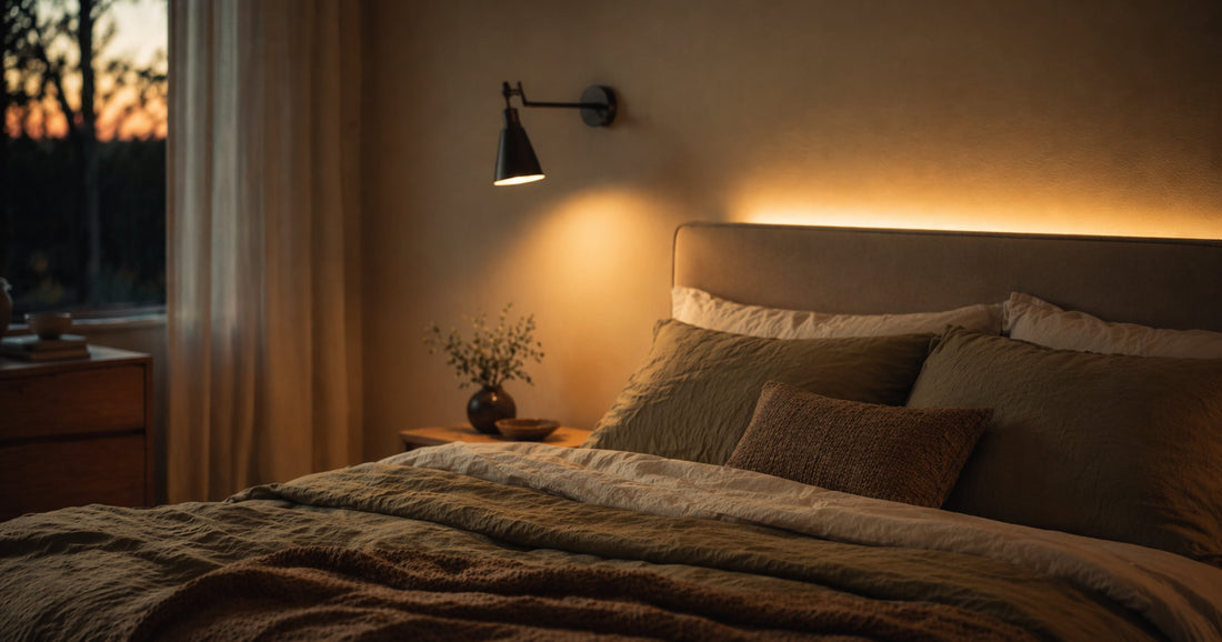 Schlafzimmer in warmem Abendlicht mit indirekter Beleuchtung hinter dem Kopfteil