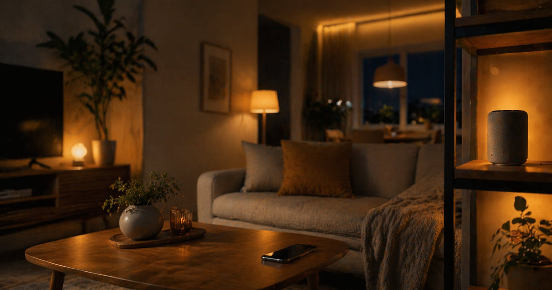 Modernes Wohnzimmer mit smartem Lautsprecher und warm leuchtenden Lampen in mehreren Zonen