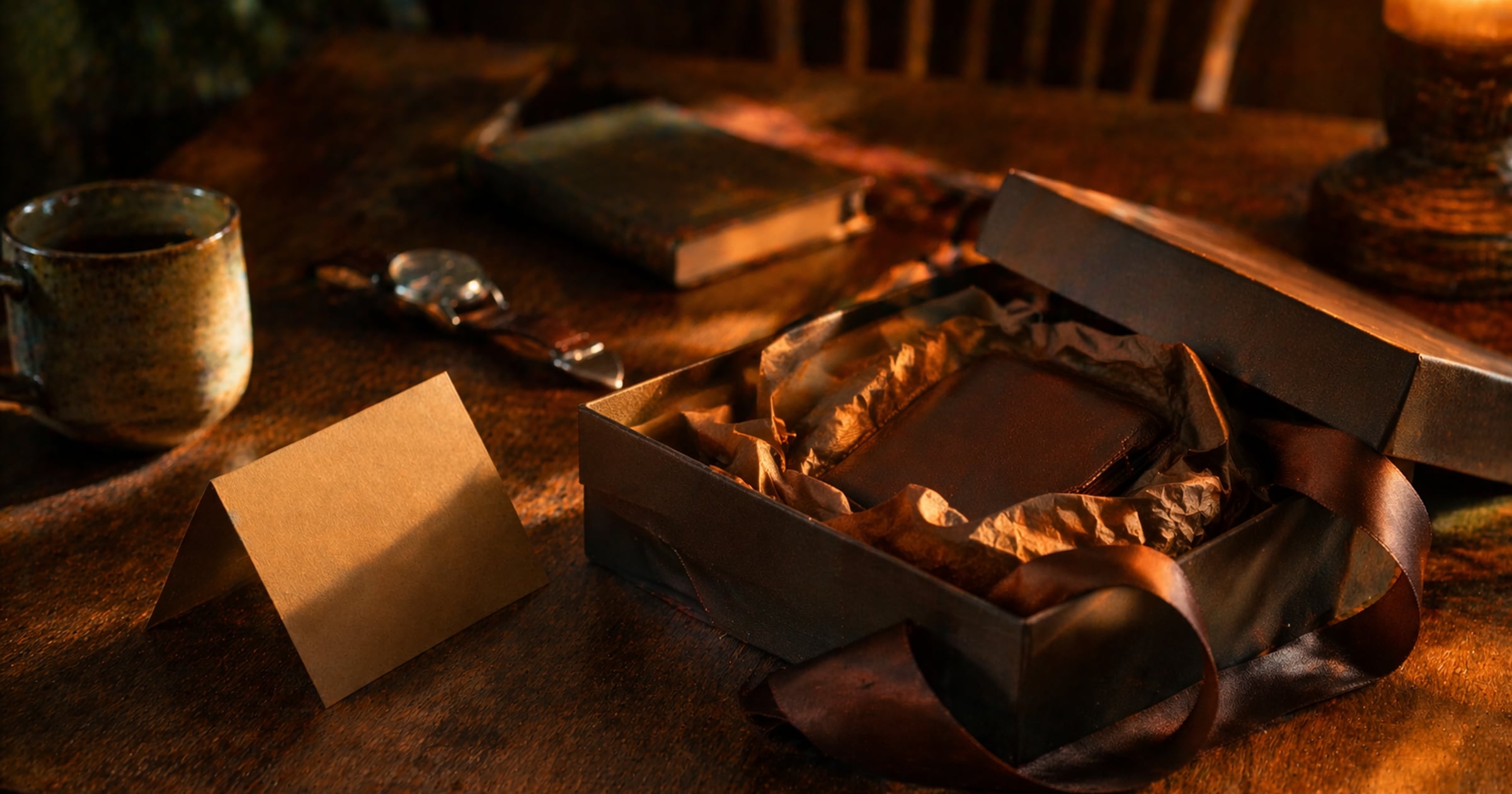 Geöffnetes Geschenk auf warmem Holztisch mit Uhr und Kaffeetasse zum Vatertag