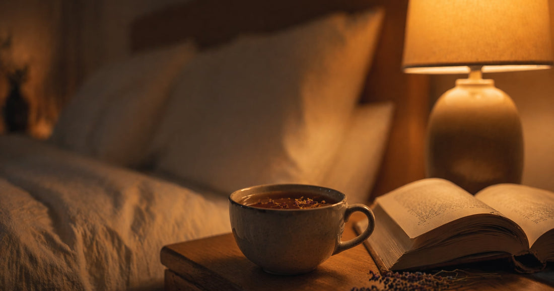 Tasse Kräutertee und offenes Buch auf dem Nachttisch mit warmem Lampenschein
