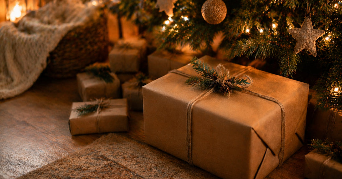 In Kraftpapier verpackte Weihnachtsgeschenke unter geschmücktem Baum mit Lichterketten