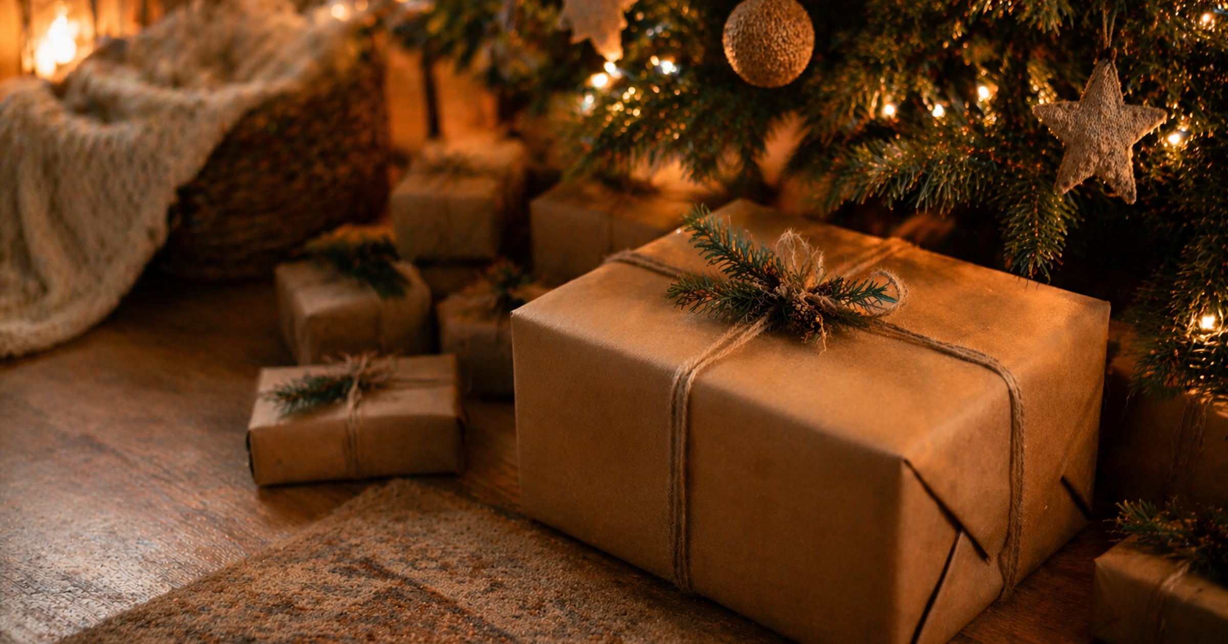 In Kraftpapier verpackte Weihnachtsgeschenke unter geschmücktem Baum mit Lichterketten