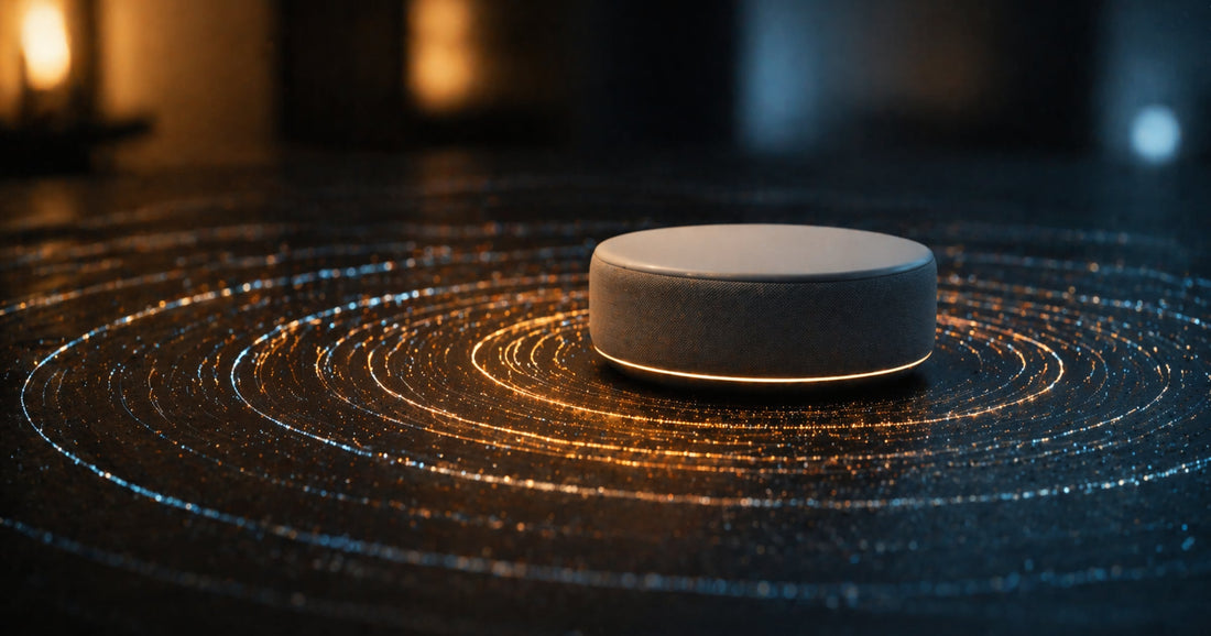Smart-Home-Hub auf dunkler Oberfläche mit abstrakten Funkwellen-Lichtmustern