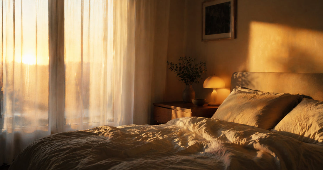 Schlafzimmer im Morgengrauen mit warmem Sonnenlicht durch Vorhänge — zirkadianer Rhythmus