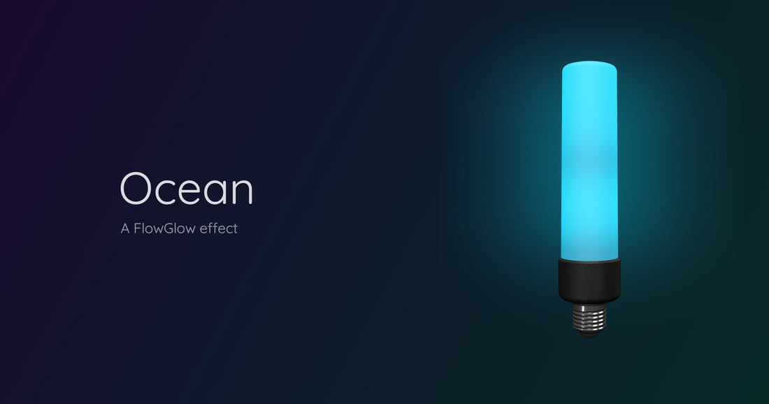 FlowGlow mit Ocean Effekt — bewegte Wasserwellen in Blau auf E27-Lampe